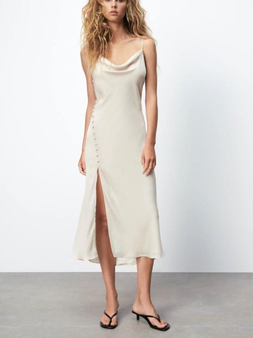 ZARA Cream Cowl Neck Satin-Effect Buttoned Slip Midi Dress Small 8604 - Picture 2 of 13